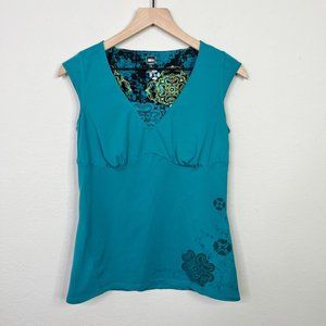 REI Women's Sleeveless Teal Floral Shirt Tank Size Small Outdoor Top V Neck